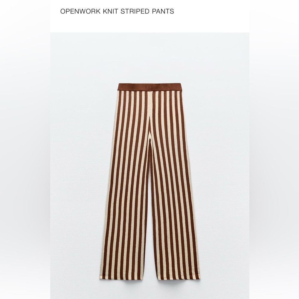 Zara Striped Cutwork High Waisted Knit Trousers Brown Ecru - 8779/172